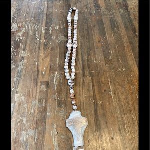 47.5” rustic painted wooden bead rosary with clay cross